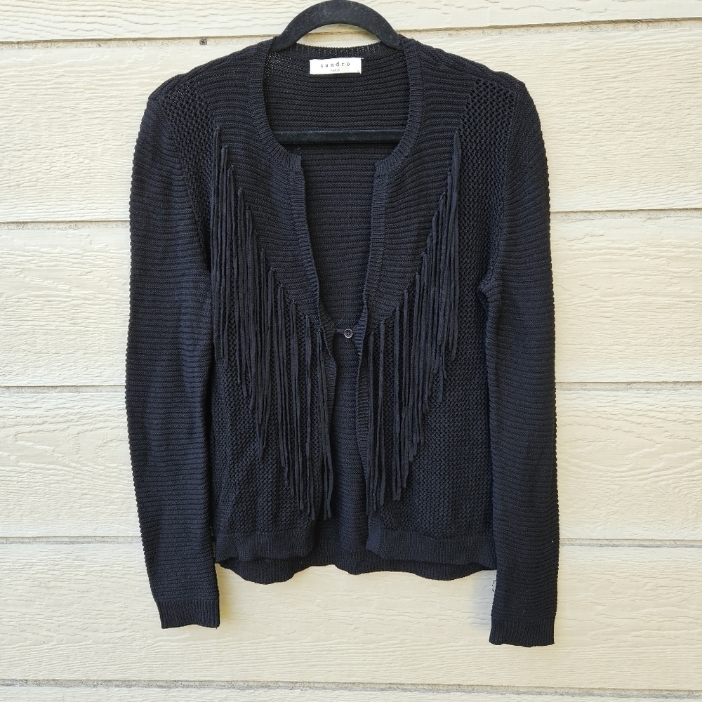Sandro Paris black fringed cardigan with flaws SEE MEASUREMENTS estimated M/L